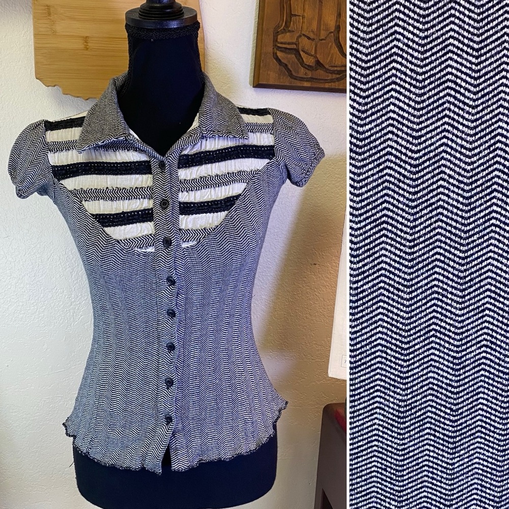 Y2K Vintage Tweed Black White Cotton Button Cap Sleeve Preppy Top Blouse SMALL